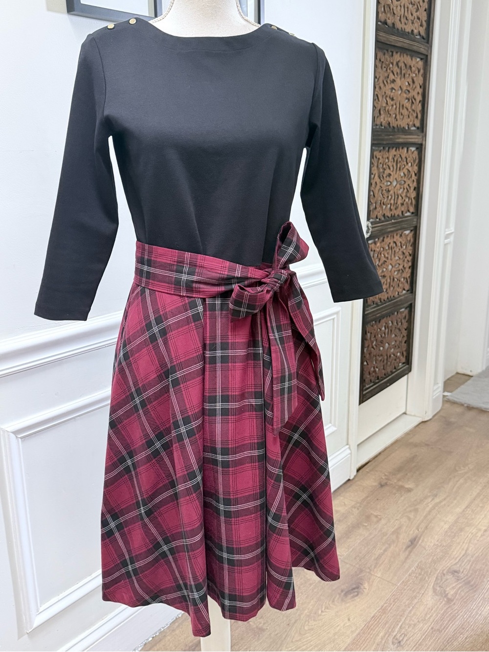 Hope & Henry Plaid Fit & Flare French Skater Dress Organic Cotton Ponte Belted 6